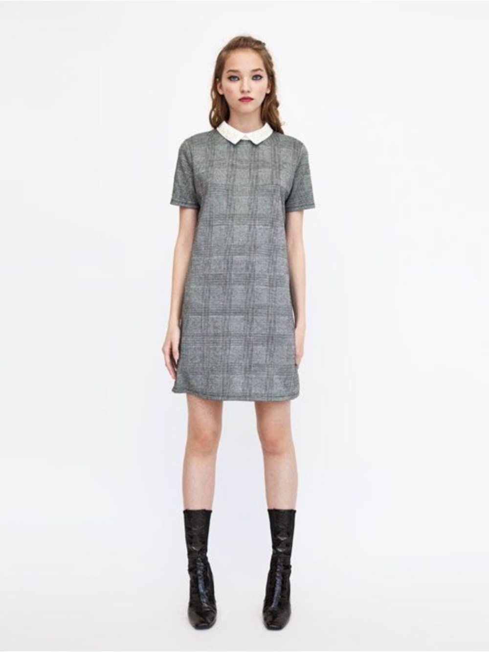 Zara Gray Plaid Shift Dress with White Peter Pan Collar